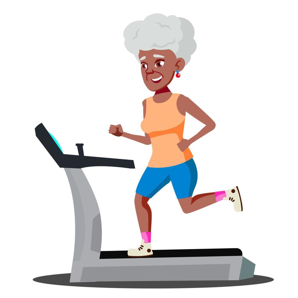 modern oud vrouw aan het doen cardio opdrachten Aan een loopband vector. geïsoleerd illustratie vector