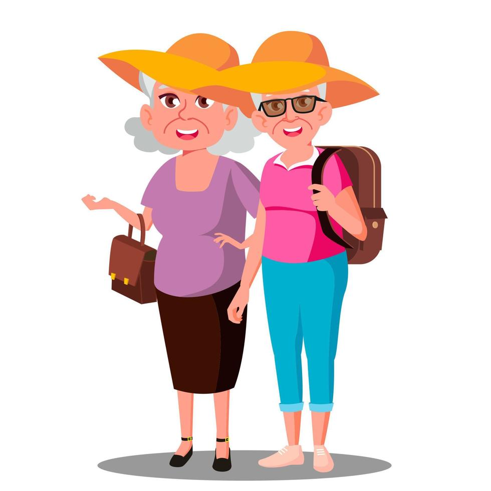 twee oud Dames vrienden in hoeden genieten vakantie vector. geïsoleerd illustratie vector