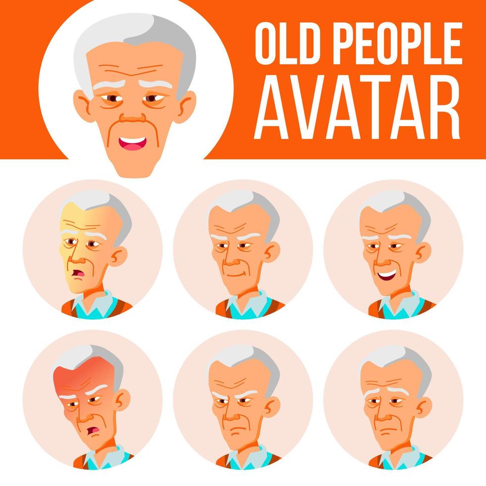 Aziatisch oud Mens avatar reeks vector. gezicht emoties. senior persoon portret. ouderen mensen. oud. kinderen. mooi, grappig. tekenfilm hoofd illustratie vector