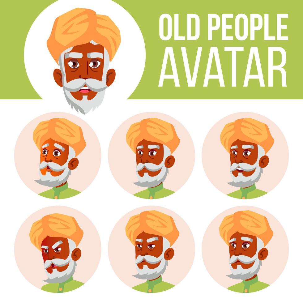 Indisch oud Mens avatar reeks vector. Hindoe. aziatisch. gezicht emoties. senior persoon portret. ouderen mensen. oud. emoties, emotioneel. vrije tijd, glimlach. tekenfilm hoofd illustratie vector