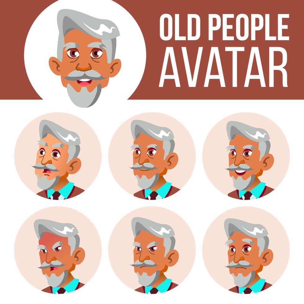 arabisch, moslim oud Mens avatar reeks vector. gezicht emoties. senior persoon portret. ouderen mensen. oud. vriendelijk. positief persoon. tekenfilm hoofd illustratie vector