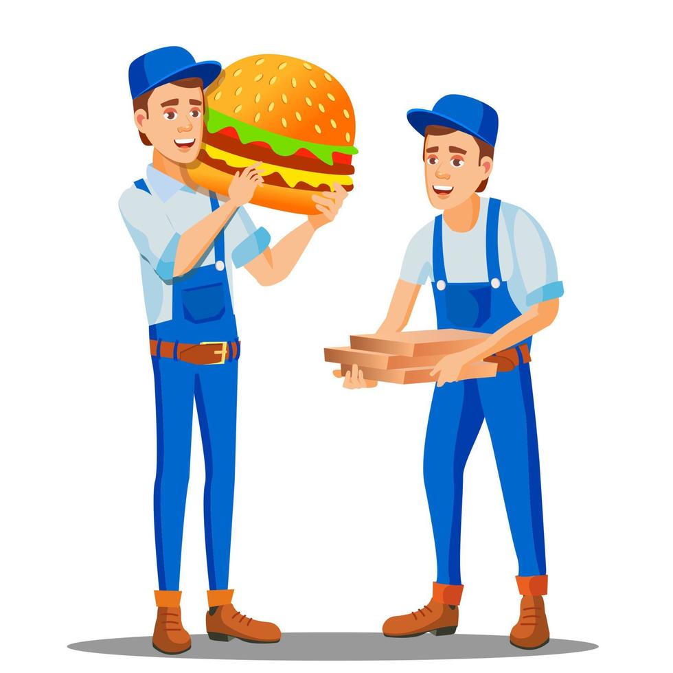 pizza, snel voedsel levering Mens in uniform en pizza dozen, reusachtig hamburger in hand- vector. geïsoleerd illustratie vector