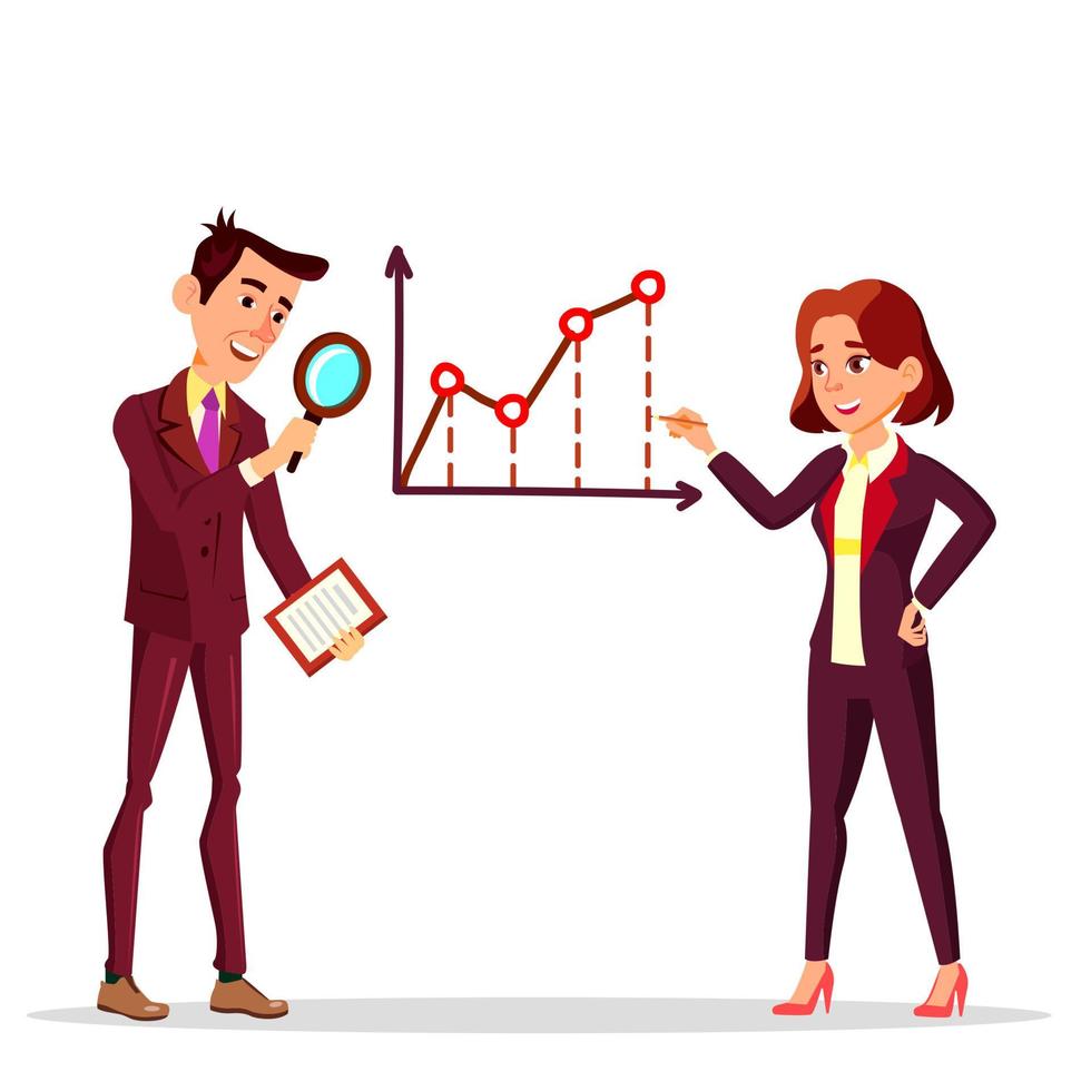zakenman en zakenvrouw staand in de buurt bedrijf schema met vergroten glas en potlood vector vlak tekenfilm illustratie