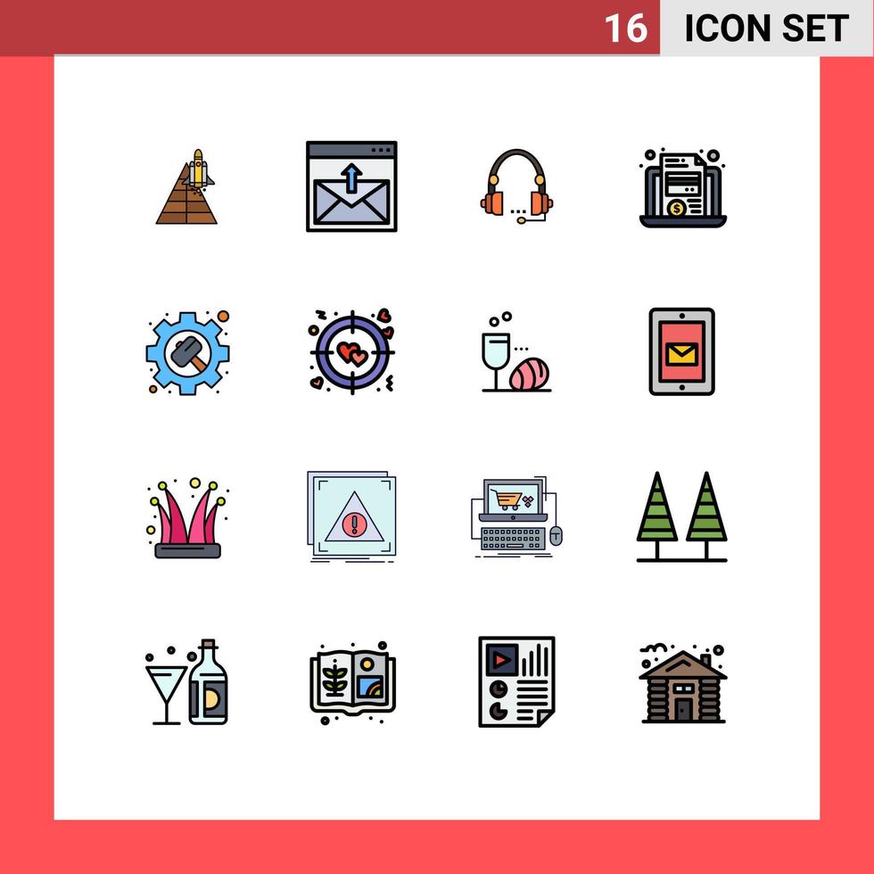 reeks van 16 vector vlak kleur gevulde lijnen Aan rooster voor laptop helpen e-mail koptelefoon communicatie bewerkbare creatief vector ontwerp elementen