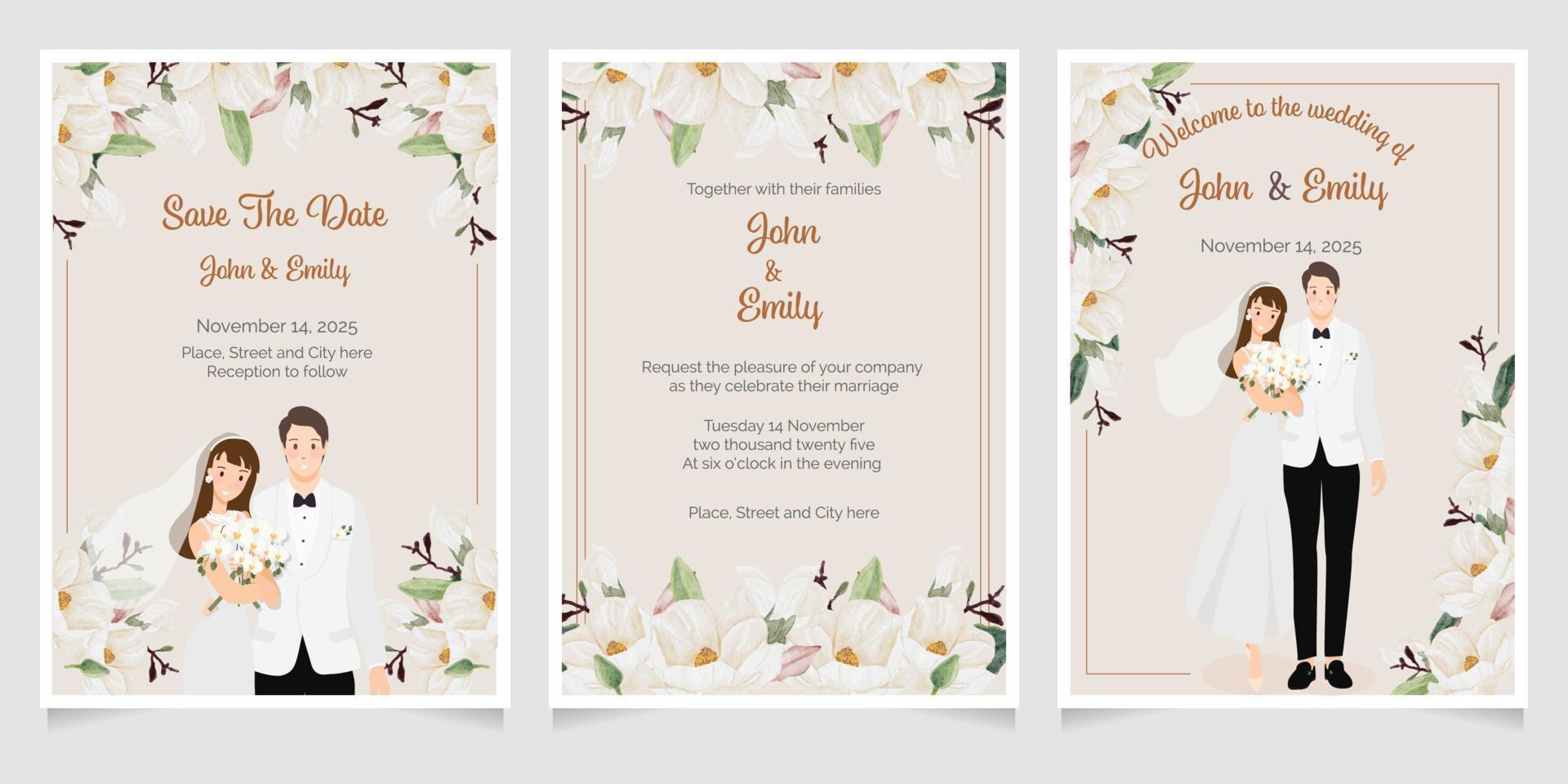 schattig jong bruiloft paar Aan waterverf wit magnolia bloem boeket bruiloft uitnodiging kaart sjabloon verzameling vector