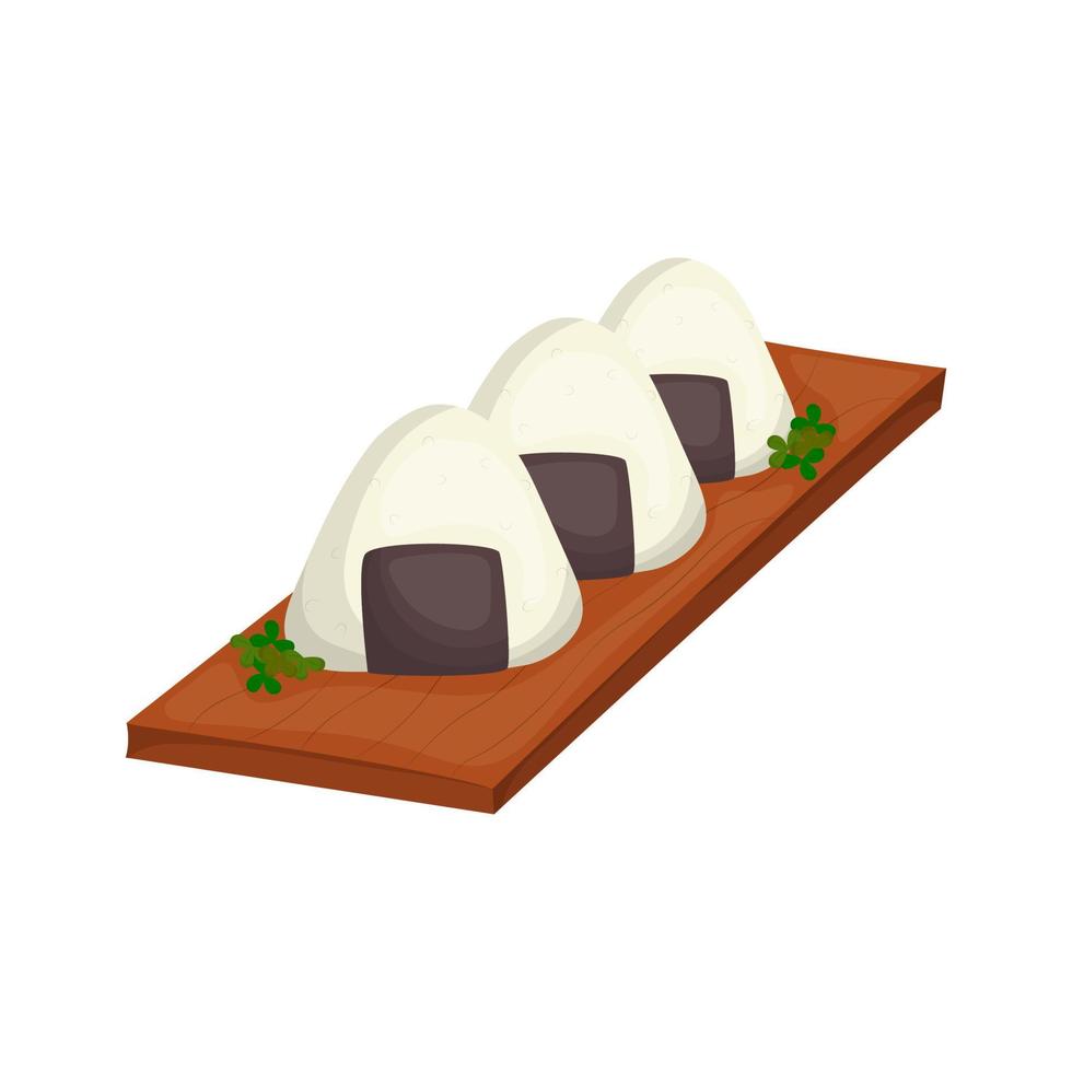 Japans rijst- bal - onigiri, omusubi, nigirimeshi. traditioneel Aziatisch keuken. onigiri Aan houten dienblad met groenen. vector illustratie. tekenfilm.