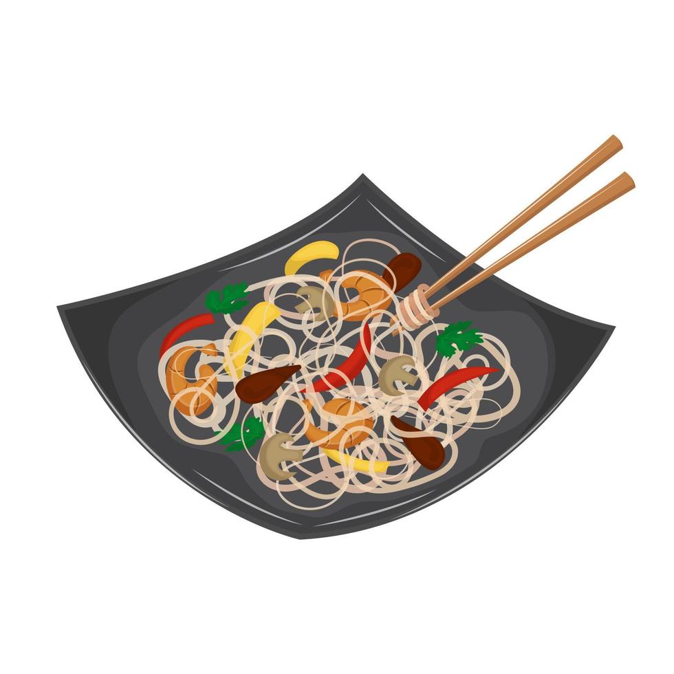 transparant Chinese noedels - funchosa met garnaal en groenten. Aziatisch traditioneel keuken. vector illustratie. tekenfilm.