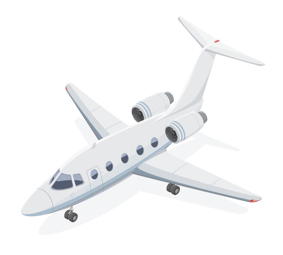 privaat vliegtuig klein vliegend Jet hou op parkeren met landen uitrusting bedrijf vlucht kosten wit illustratie isometrische geïsoleerd vector