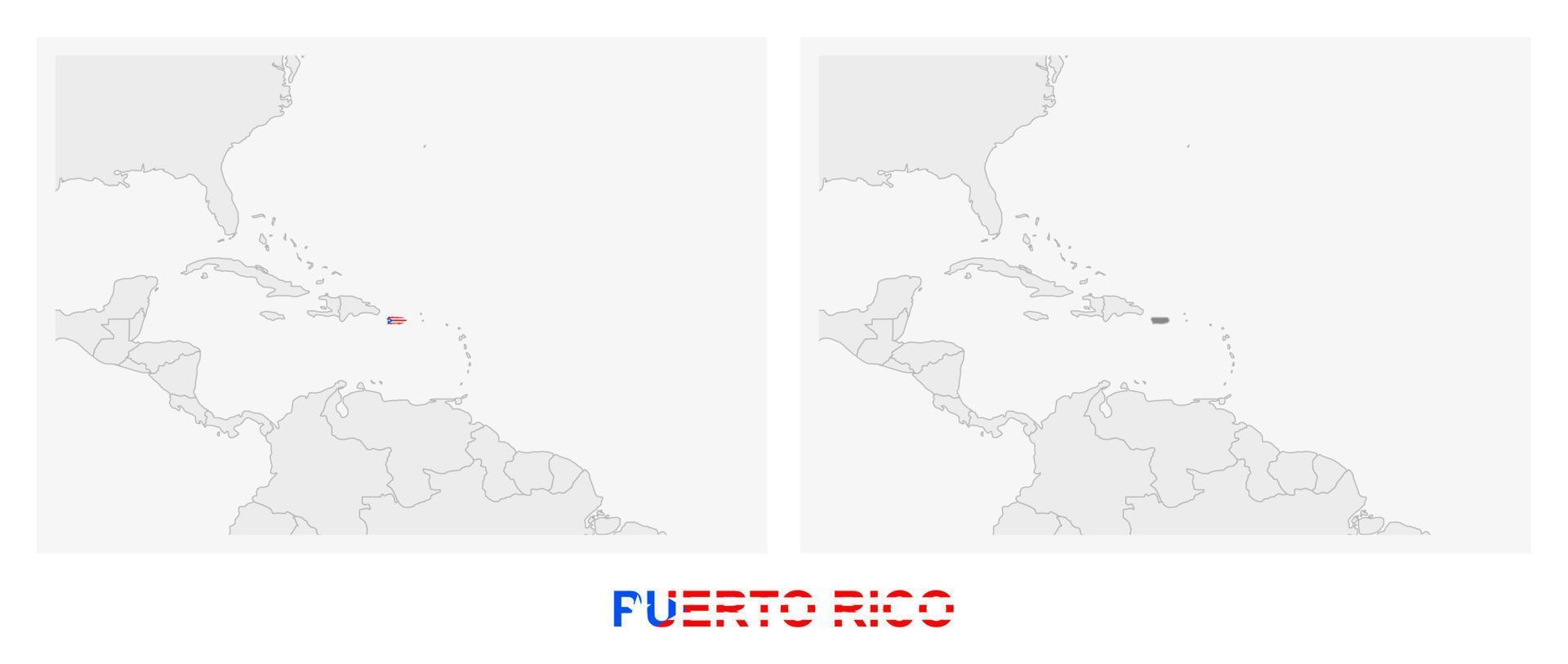 twee versies van de kaart van puerto rico, met de vlag van puerto rico en gemarkeerd in donker grijs. vector