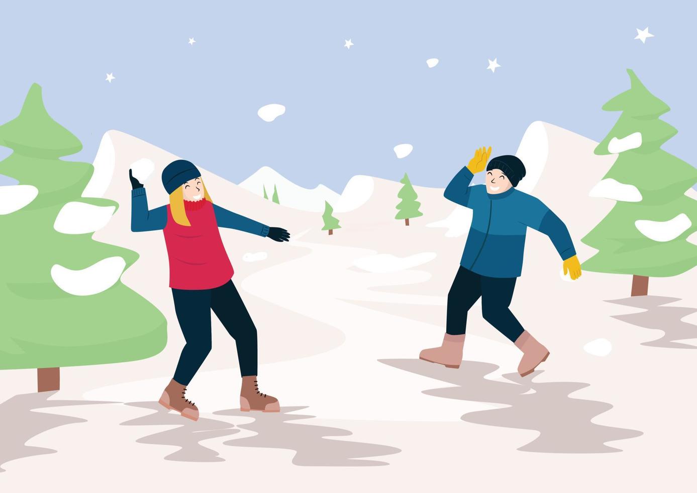 illustratie paar buitenshuis winter werkzaamheid vector