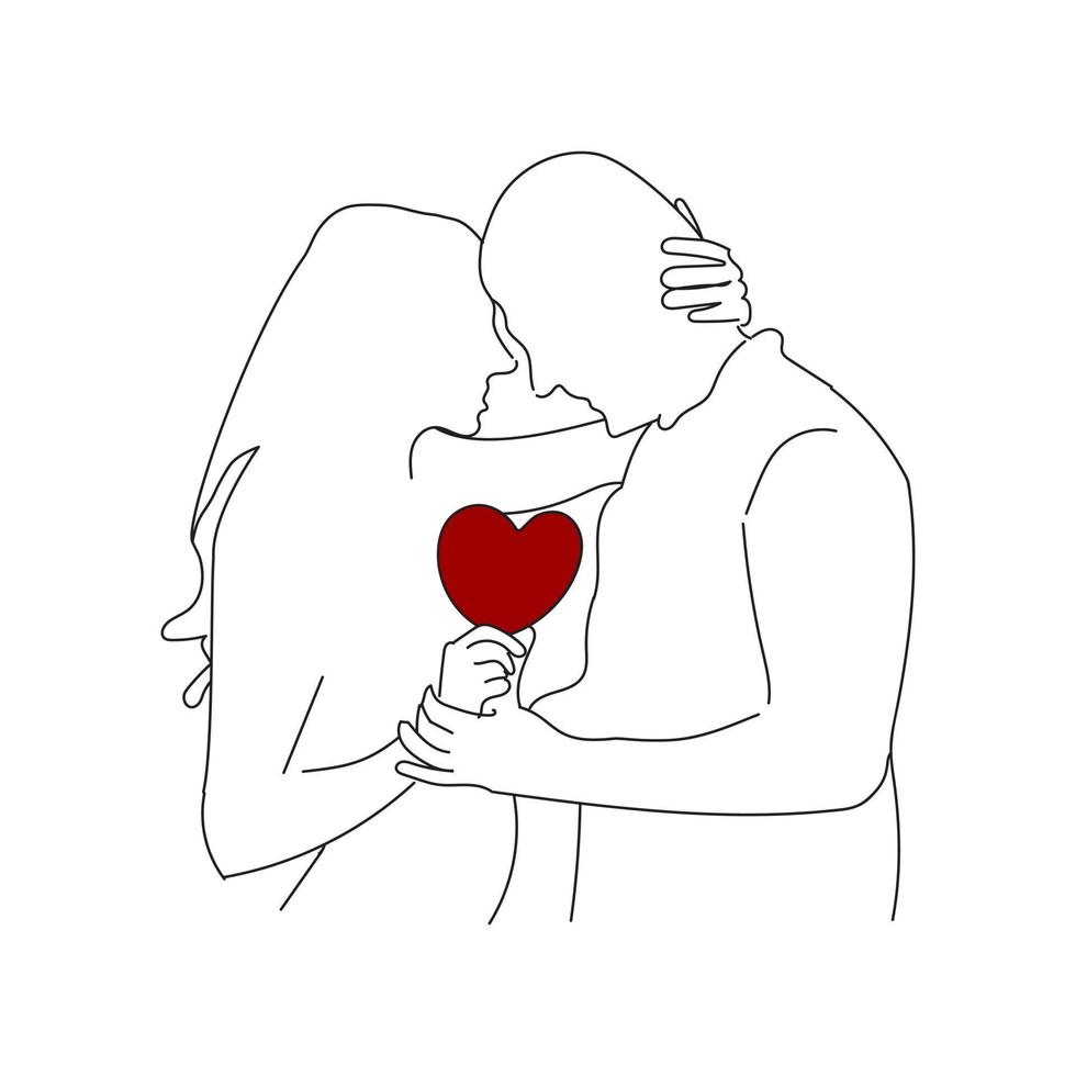 paar liefde Aan valentijnsdag dag met hart icoon, lijn kunst vector