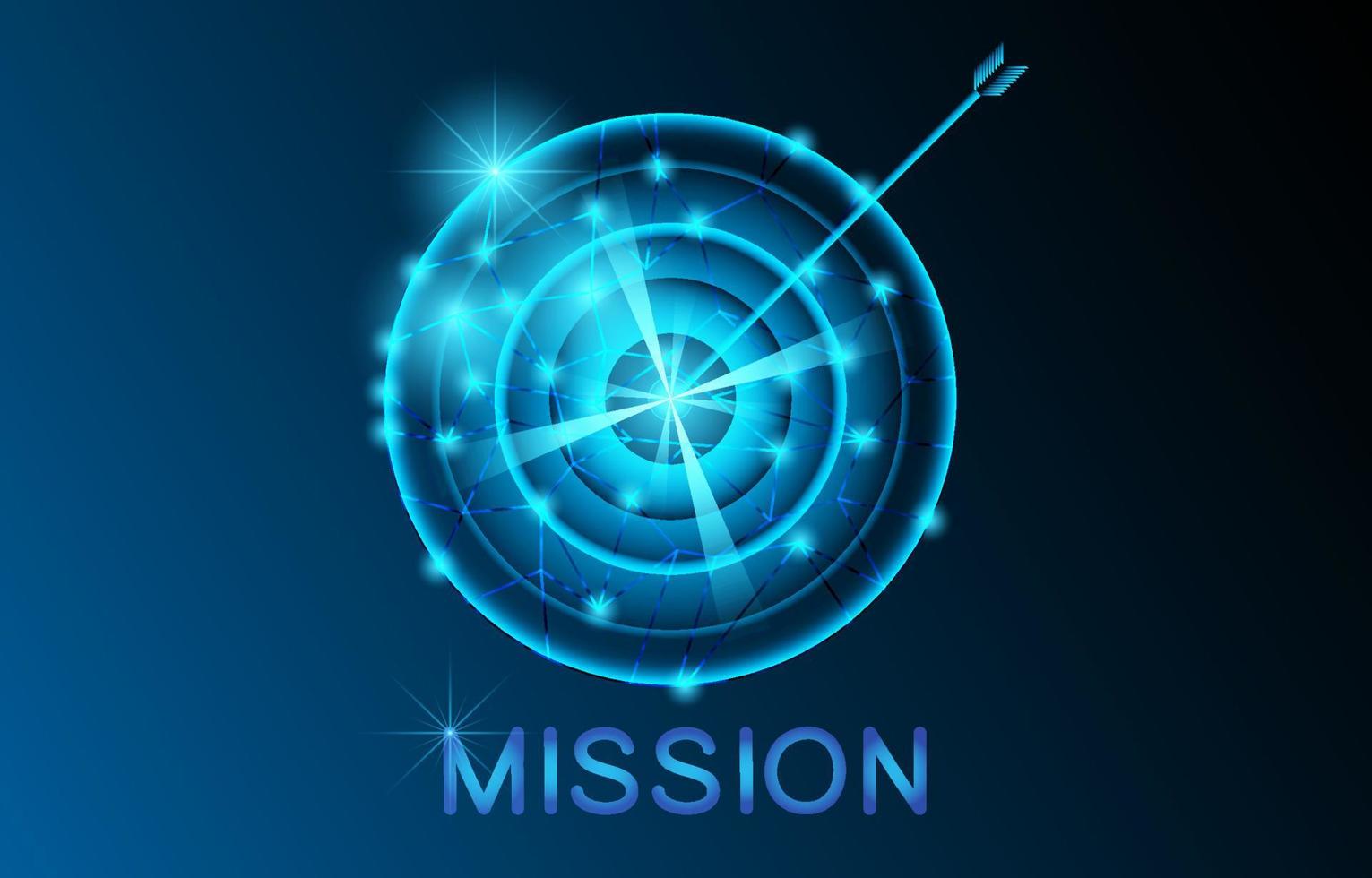 futuristische missie concept. een pijl en darts doelwit gloeiend symbolen en tekst. technologie abstract missie vector illustratie. grafisch ontwerp concept van bedrijf missie. gloed in de donker achtergrond