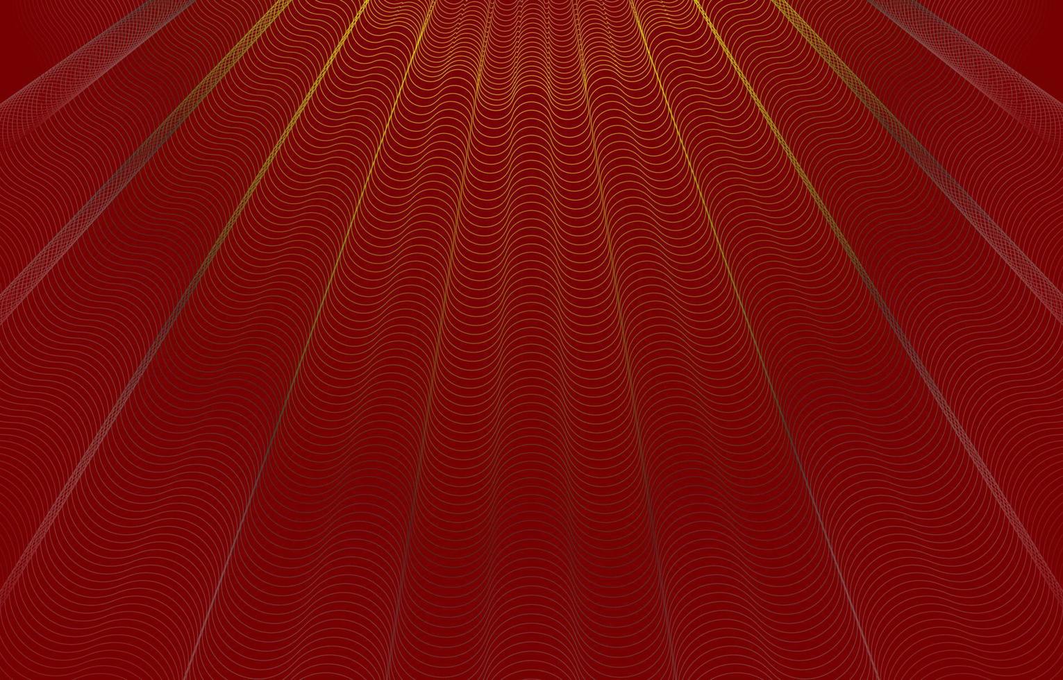 kleurrijk golvend gestreept patroon. een gouden spin web is geweven in een laser straal van licht schijnend naar beneden Aan een rood achtergrond. abstract meetkundig Golf reflecterende gouden aura vector achtergrond.