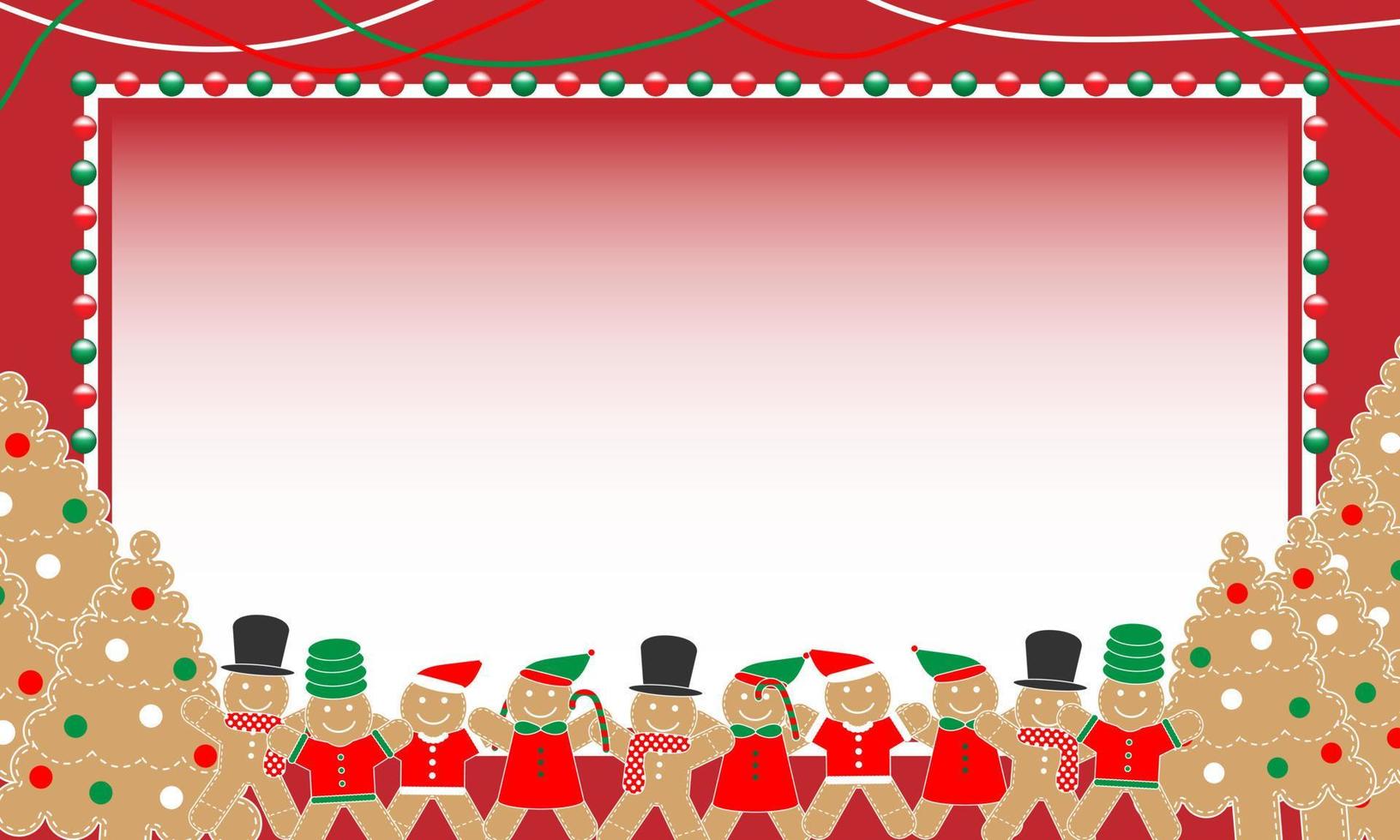 peperkoek Mens en Kerstmis boom koekjes decoraties Aan een rood kader grens achtergrond. Kerstmis poster banier ontwerp voor nieuw jaar dag, kerstmis, winter vakantie, Koken, voedsel. schattig Kerstmis vector