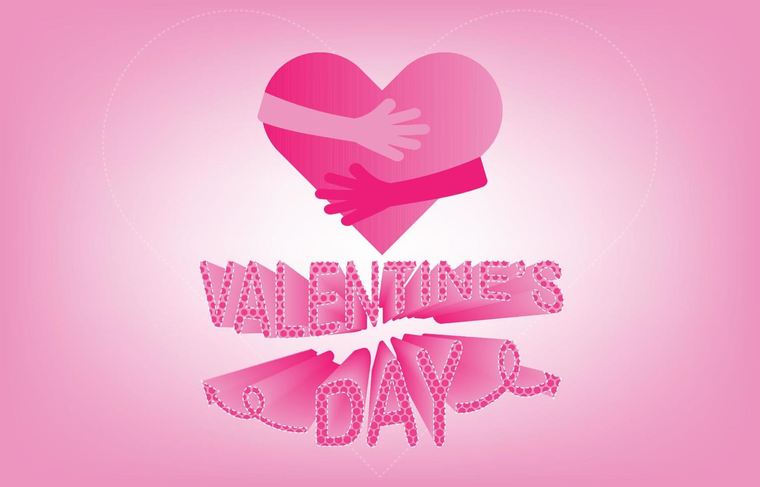 Valentijnsdag dag poster of banier met schattig doopvont en handen omarmen de hart met liefde Aan roze achtergrond. ontwerp voor Promotie en boodschappen doen sjabloon. achtergrond voor liefde en Valentijnsdag dag concept. vector