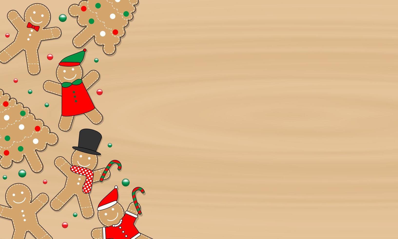 peperkoek Mens en Kerstmis boom koekjes decoraties Aan houten structuur tafel achtergrond. seizoensgebonden ontwerp voor nieuw jaar dag, kerstmis, winter vakantie, groet kaart, spandoek. schattig Kerstmis vector. vector