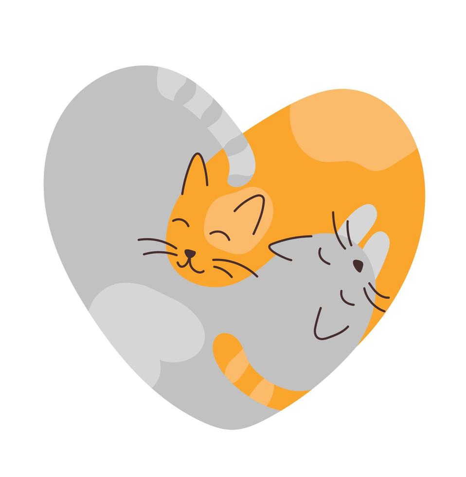 twee liefde katten liggen in een omarmen. schattig huisdieren in de het formulier van de hart naar vieren Valentijn dag in vector