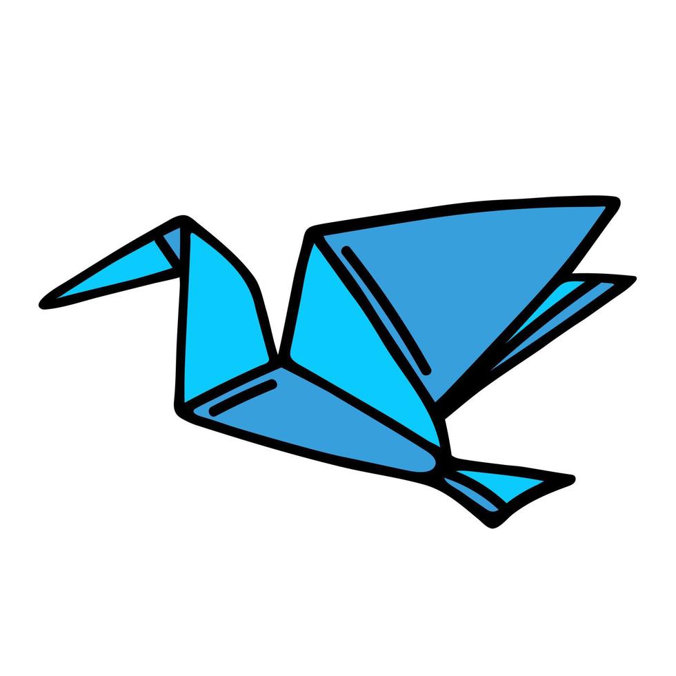 origami blauw kraan vector icoon. gevouwen papier in de vorm van een vogel. hand- getrokken gemakkelijk tekening geïsoleerd Aan wit. traditioneel Japans handwerk, hobby. tekenfilm clip art met schets. voor kaarten, prints