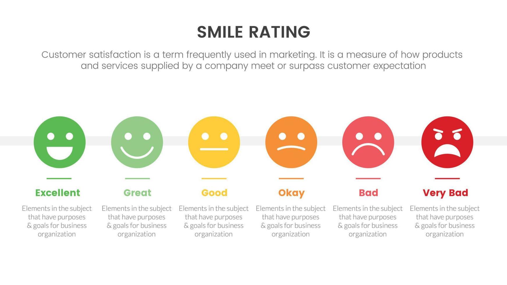 glimlach beoordeling met 6 schaal infographic en horizontaal lay-out concept voor glijbaan presentatie met vlak icoon stijl vector