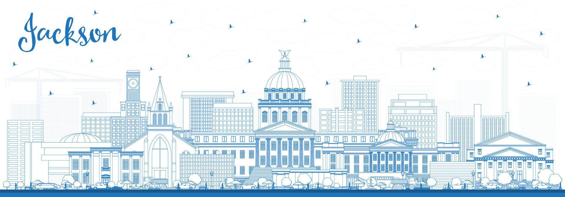 schets Jackson Mississippi stad horizon met blauw gebouwen. vector