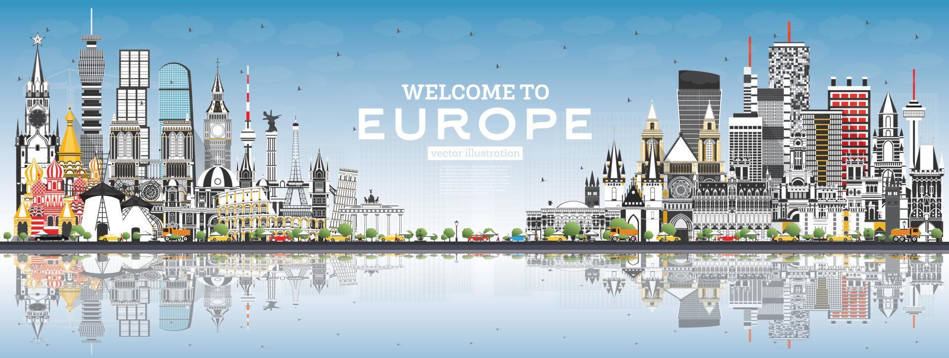 Welkom naar Europa horizon met grijs gebouwen en blauw lucht. vector