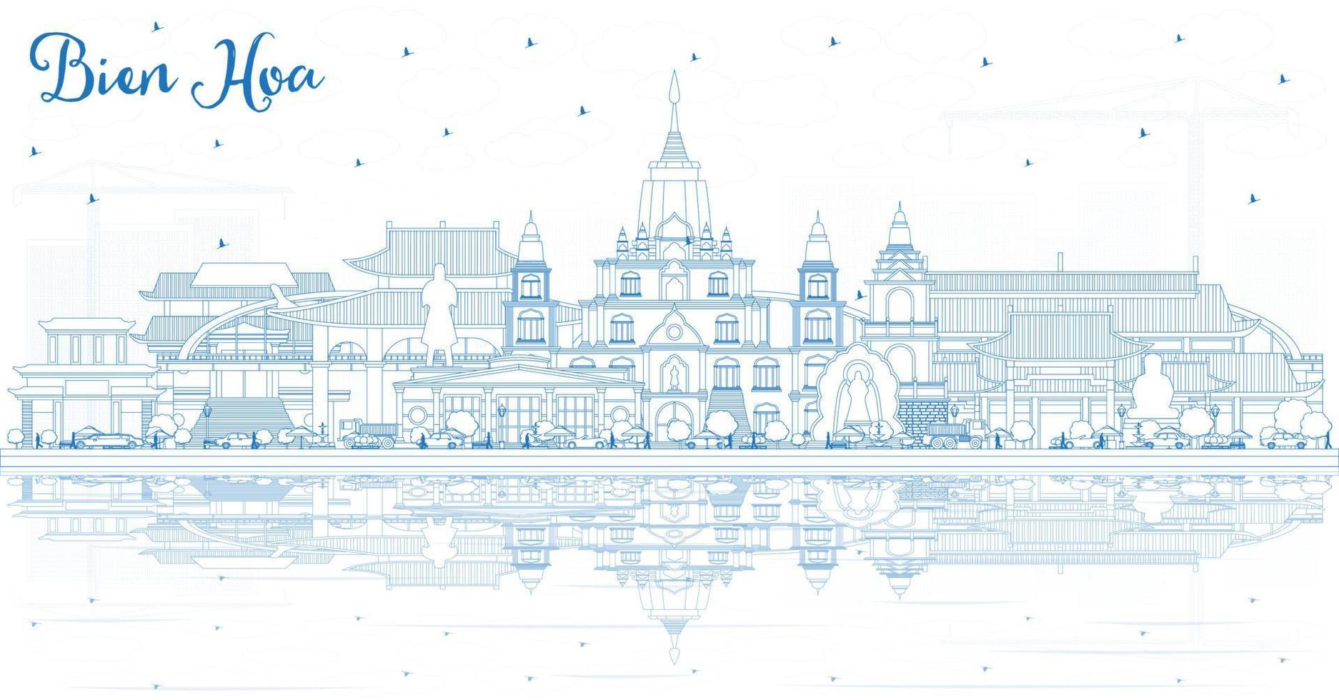 schets bien hoezo Vietnam stad horizon met blauw gebouwen en reflecties. vector
