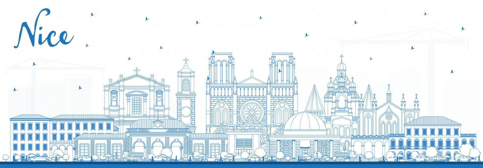 schets mooi hoor Frankrijk stad horizon met blauw gebouwen. vector