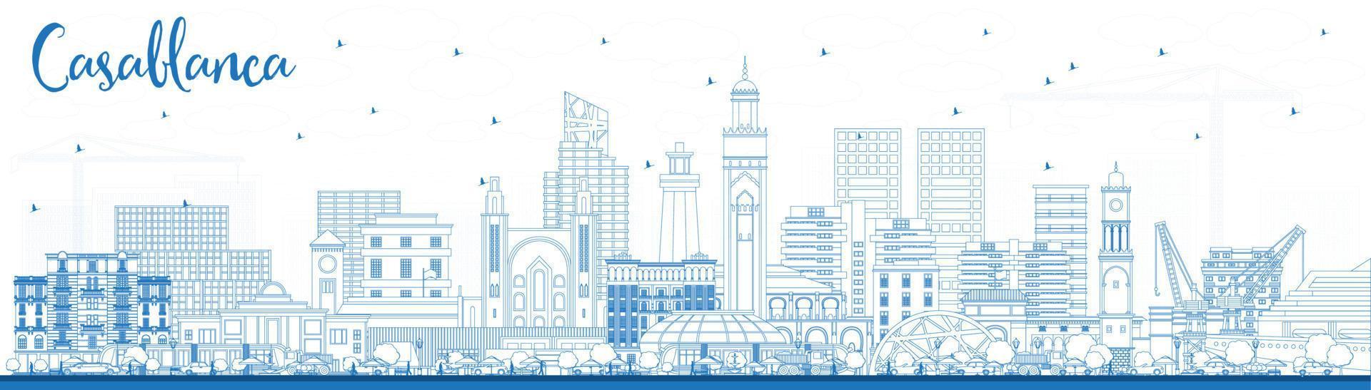 schets Casablanca Marokko stad horizon met blauw gebouwen. vector