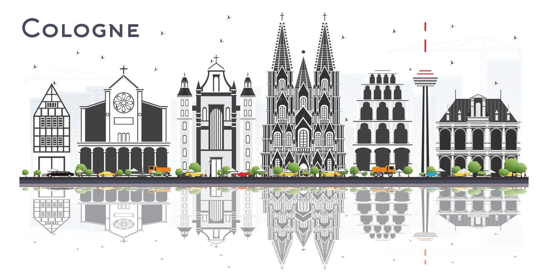 Keulen Duitsland stad horizon met grijs gebouwen en reflecties geïsoleerd Aan wit. vector