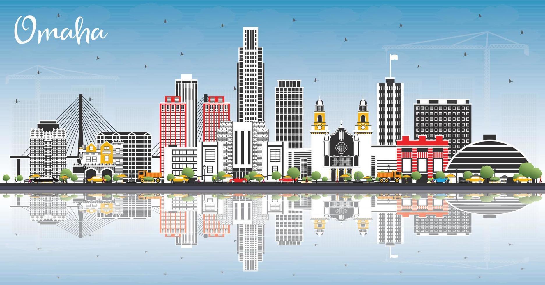 Omaha Nebraska stad horizon met kleur gebouwen, blauw lucht en reflecties. vector