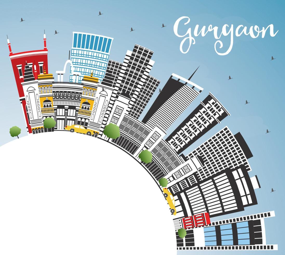 Gurgaon Indië stad horizon met grijs gebouwen, blauw lucht en kopiëren ruimte. vector