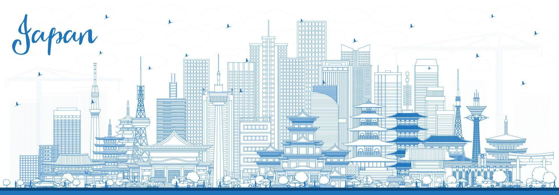 schets Welkom naar Japan horizon met blauw gebouwen. vector