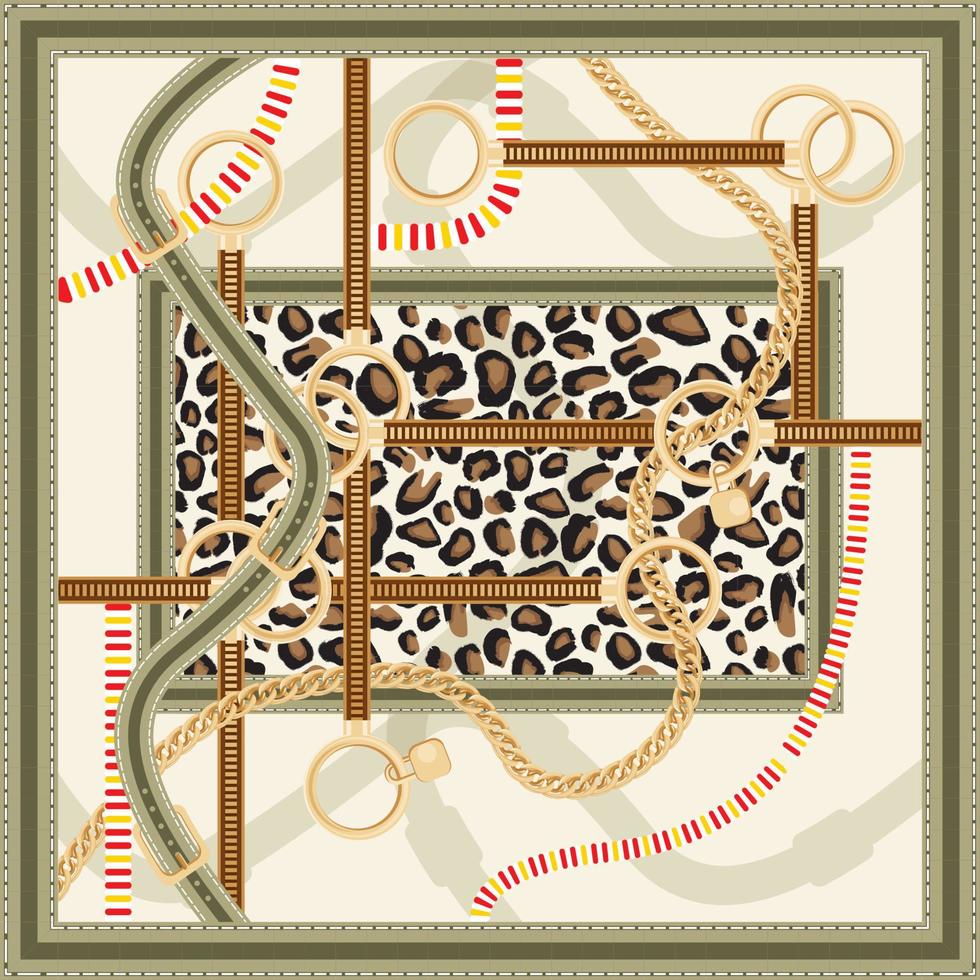 patroon met gouden ketting, riemen en luipaard afdrukken voor kleding stof ontwerp. vector