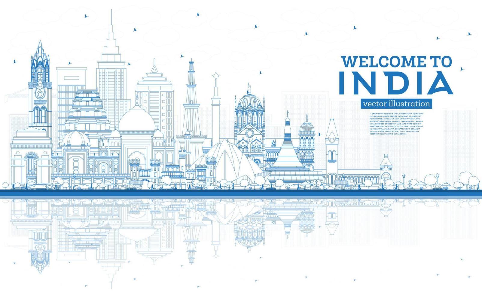 schets Welkom naar Indië stad horizon met blauw gebouwen en reflecties. vector