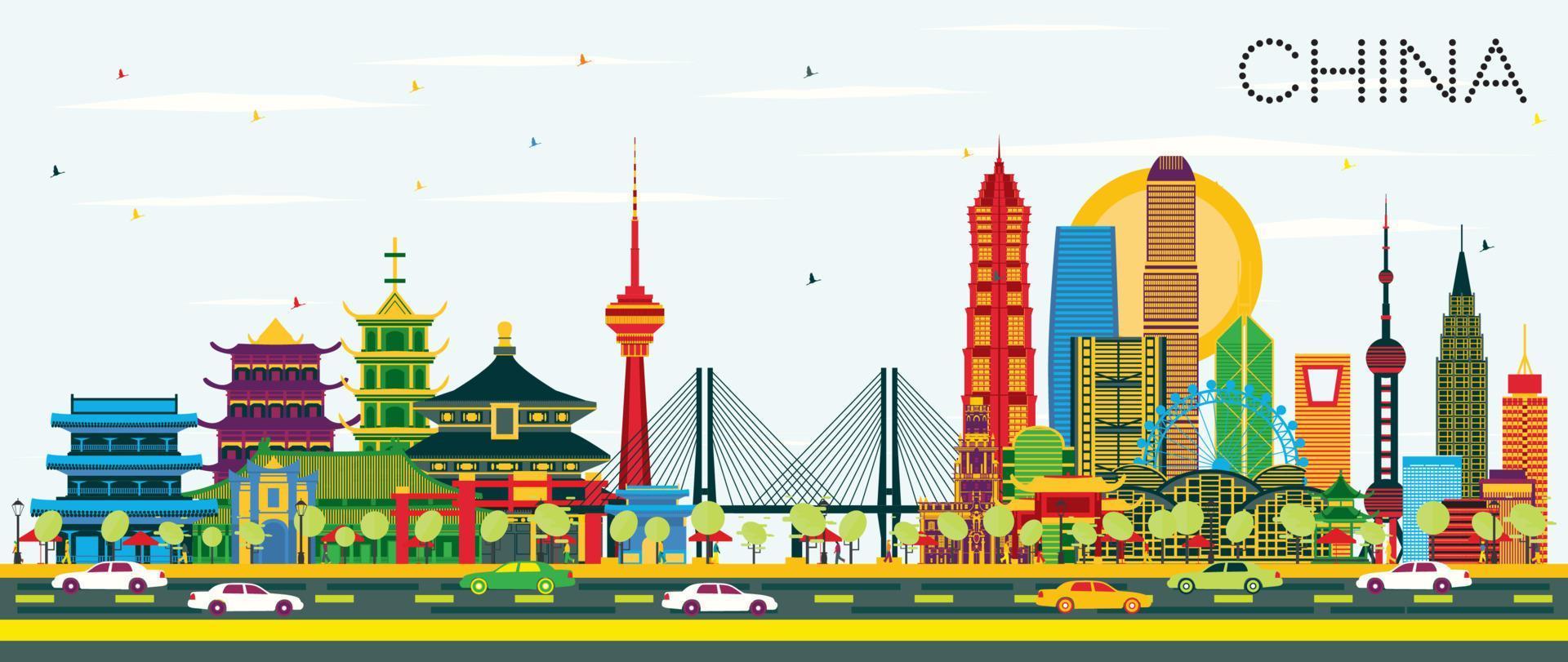 China stad horizon met kleur gebouwen. beroemd oriëntatiepunten in China. vector