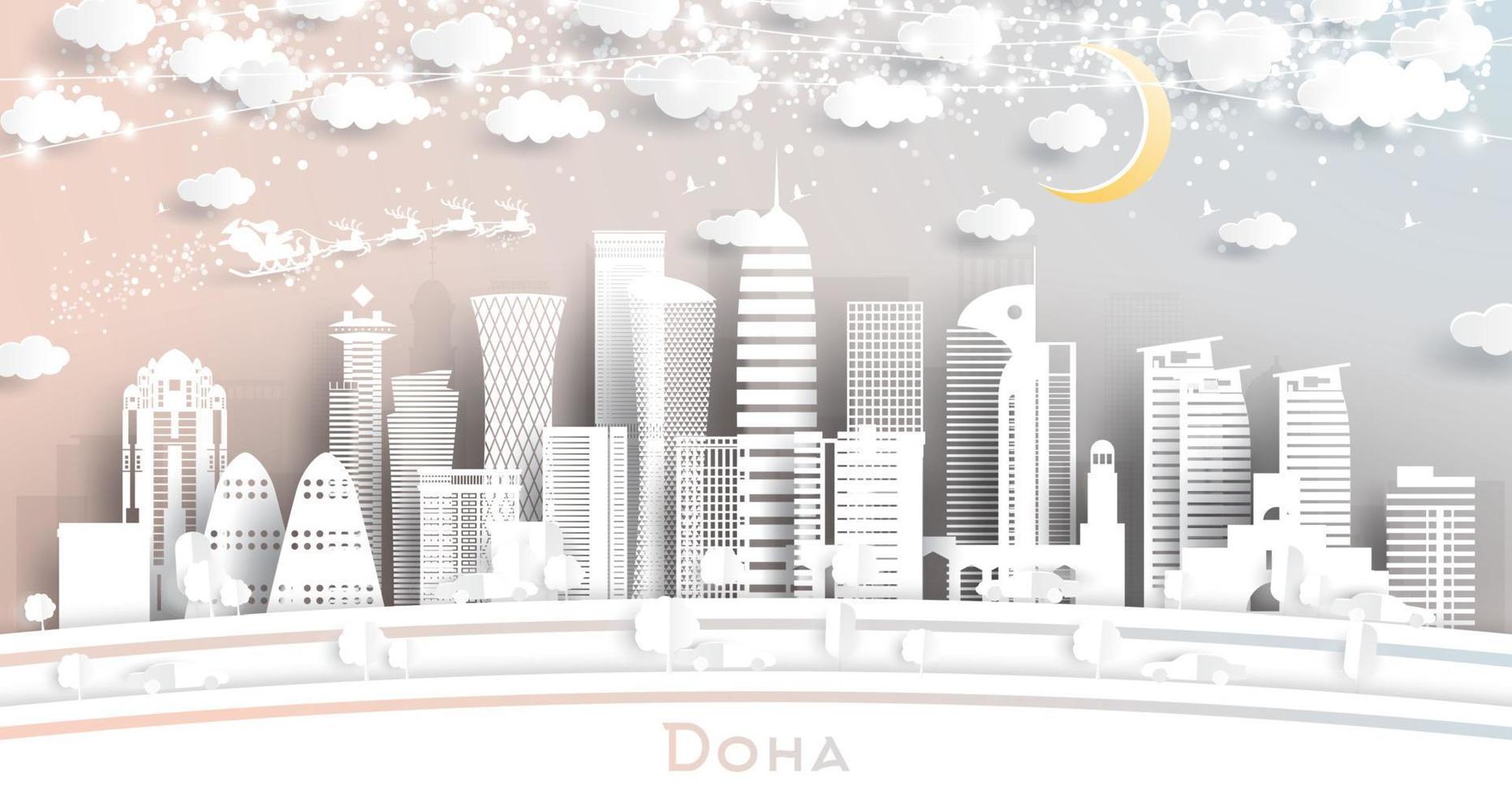 doha qatar stad horizon in papier besnoeiing stijl met sneeuwvlokken, maan en neon guirlande. vector