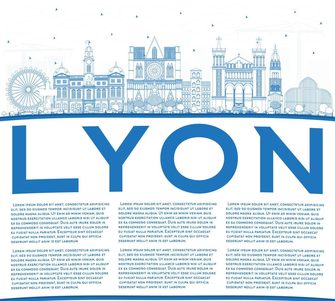 schets Lyon Frankrijk stad horizon met blauw gebouwen en kopiëren ruimte. vector