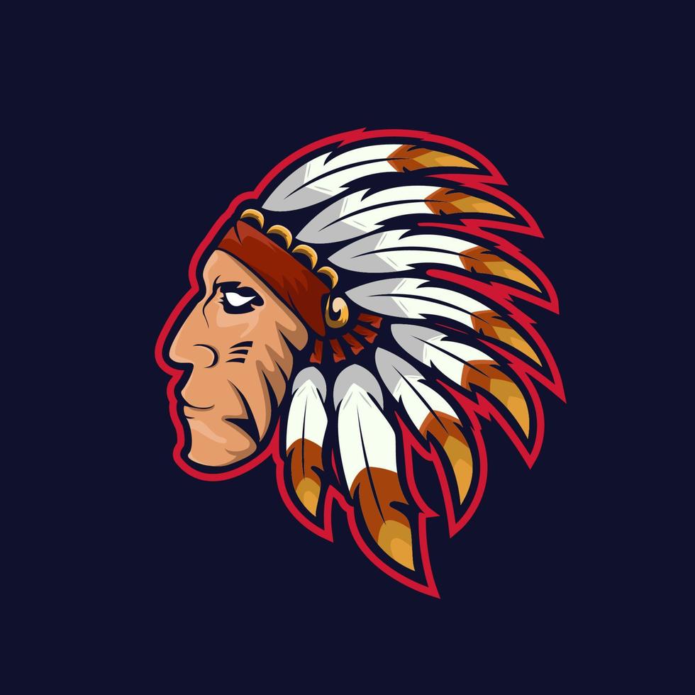tribal chef mascotte e sport logo ontwerp. apache krijger mascotte hoofd vector illustratie logo.