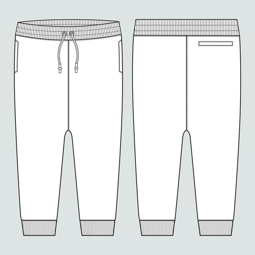fleece kleding stof jogger joggingbroek algemeen technisch mode vlak schetsen vector illustratie sjabloon voorkant, terug keer bekeken.