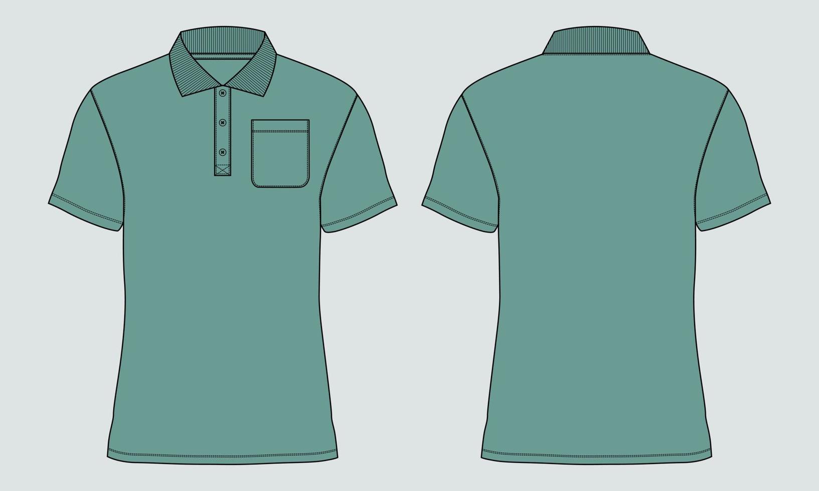 kort mouw polo overhemd algemeen technisch mode tekening vlak schetsen sjabloon voorkant en terug visie. kleding jurk ontwerp vector illustratie bespotten omhoog polo tee