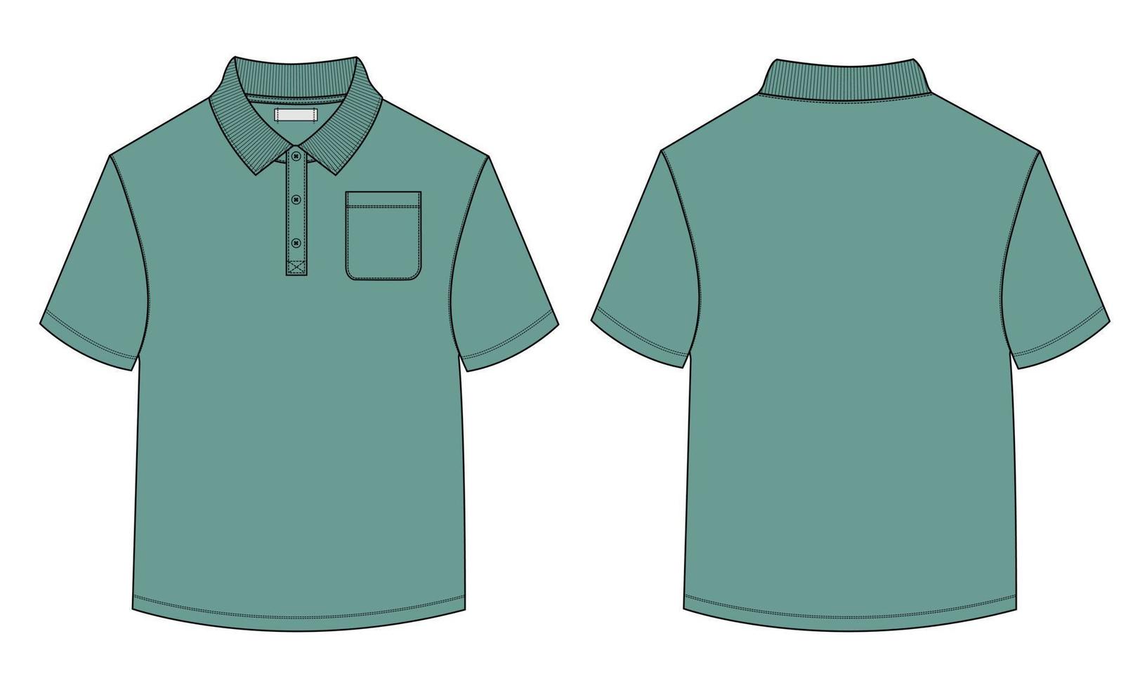 kort mouw polo overhemd algemeen technisch mode tekening vlak schetsen sjabloon voorkant en terug visie. kleding jurk ontwerp vector illustratie bespotten omhoog polo tee