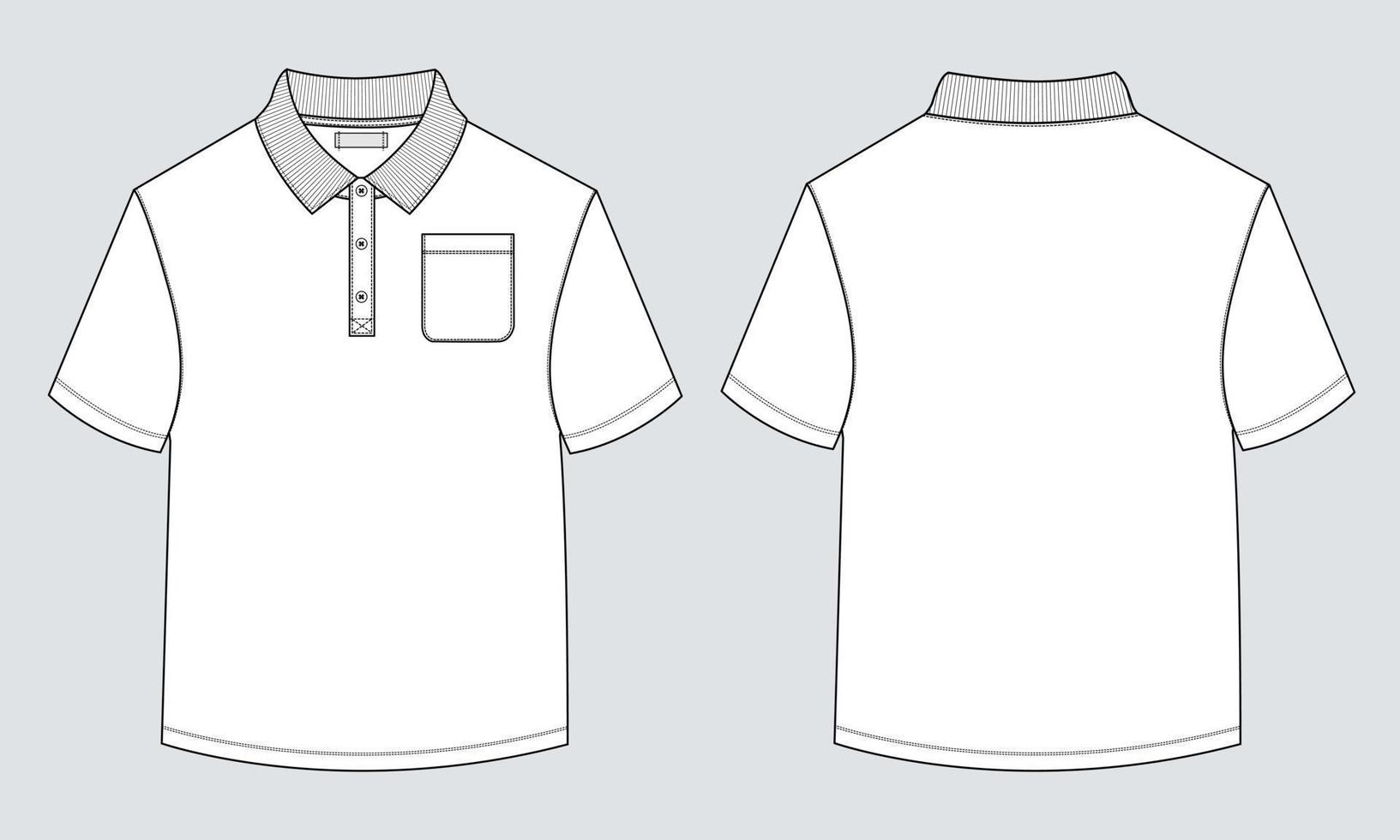 kort mouw polo overhemd algemeen technisch mode tekening vlak schetsen sjabloon voorkant en terug visie. kleding jurk ontwerp vector illustratie bespotten omhoog polo tee