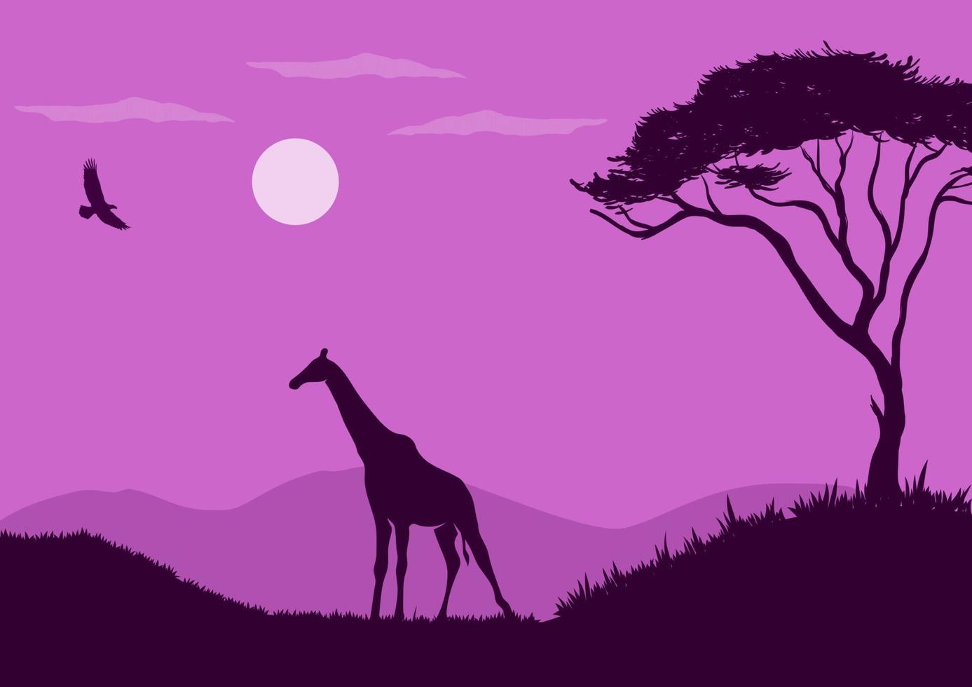 Afrikaanse dieren in het wild landschap vector illustratie met Purper silhouetten