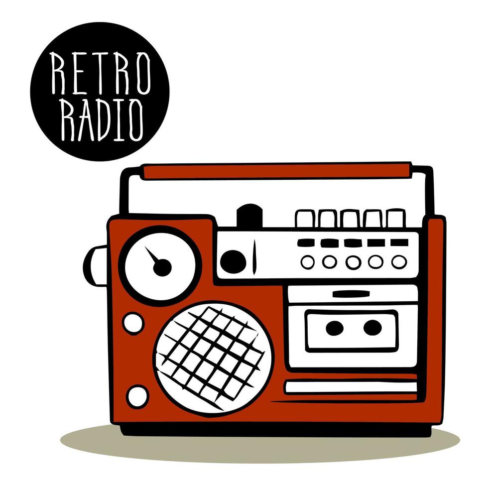 retro radio ontvanger in bordeaux kleur met antenne en handvat. oud elektrisch apparaat van de jaren 80. signaal ontvangst, podcast luisteren, fm, ben uitzending, retro transistor. wereld radio dag. vector
