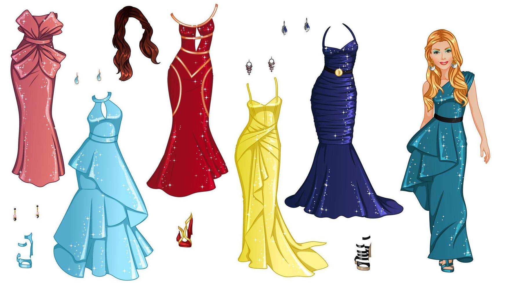 schoonheid optocht papier pop met mooi dame, jurken en accessoires. vector illustratie