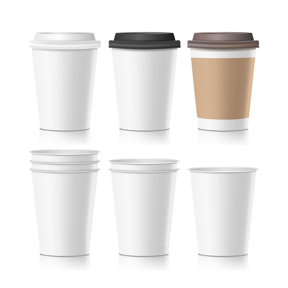 reeks koffie papier cups vector. leeg schoon papier verzameling 3d koffie kop model. geïsoleerd illustratie vector