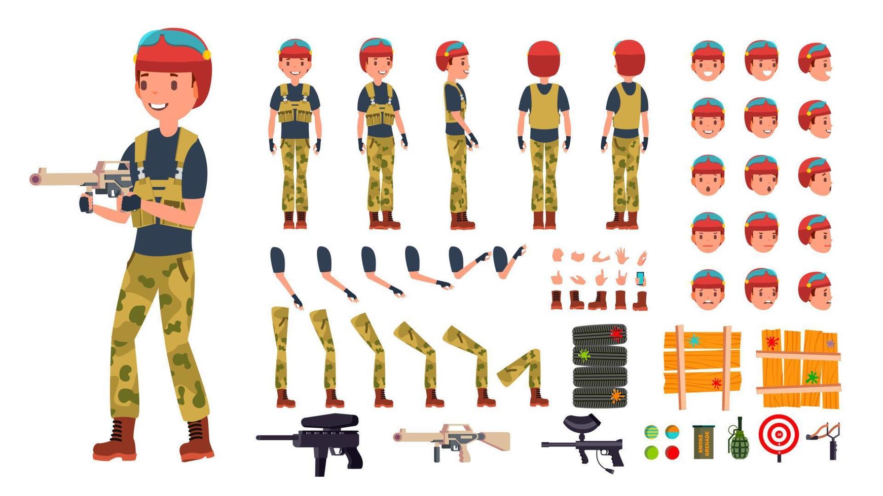 paintball speler mannetje vector. geanimeerd karakter creatie set. paintball spel strijd speler Mens. vol lengte, voorkant, kant, terug visie, accessoires, poseert, emoties, gebaren. geïsoleerd vlak illustratie vector