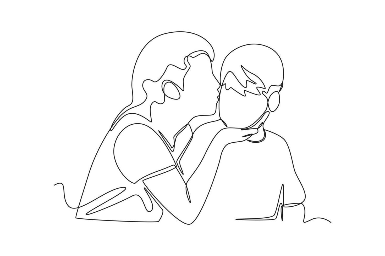 doorlopend een lijn tekening gelukkig moeder geeft een kus naar haar tiener- zoon. verhogen tieners concept. single lijn trek ontwerp vector grafisch illustratie.