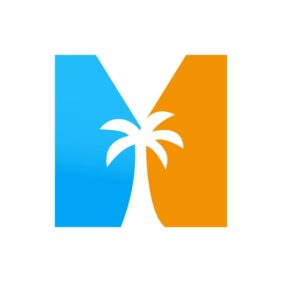 brief m palm boom logo ontwerp concept voor reizen strand landschap icoon vector sjabloon