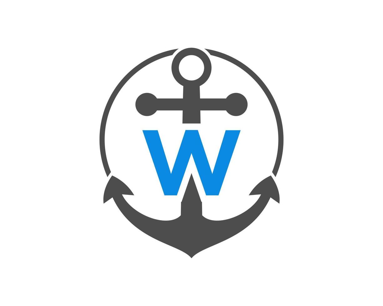 eerste brief w anker logo. marinier, het zeilen boot logo vector